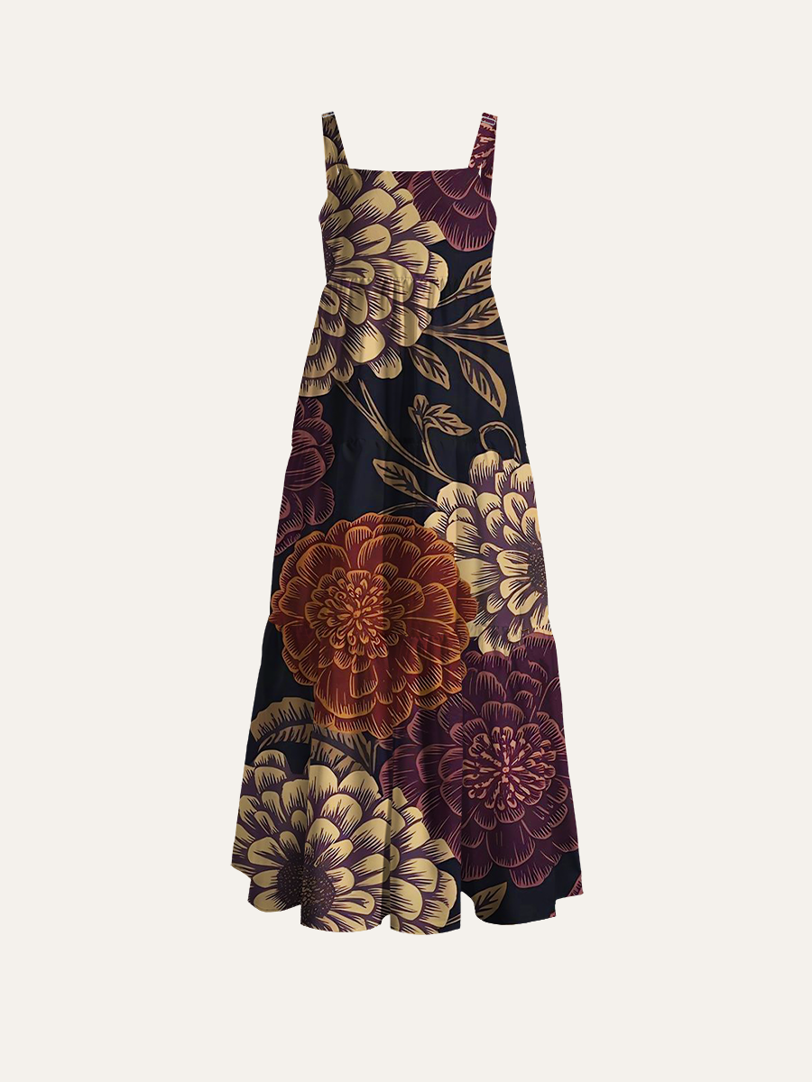 Block Print Floral Adjustable Wide Straps Maxi Dress