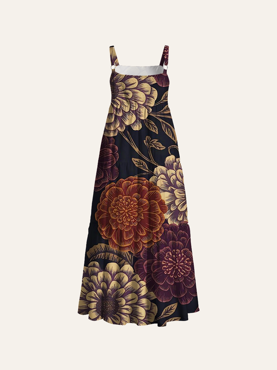 Block Print Floral Adjustable Wide Straps Maxi Dress