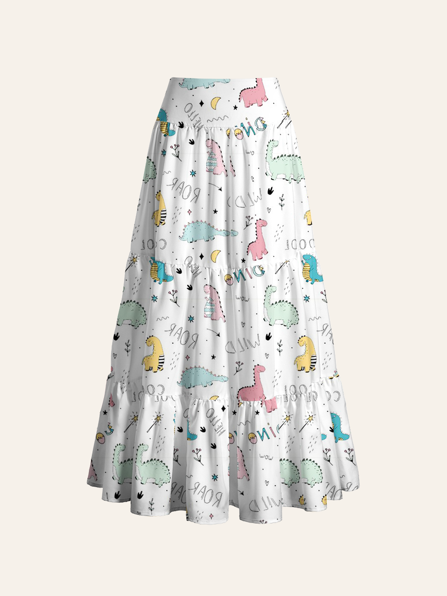 Hand-Drawn Dinosaur Convertible Maxi Skirts