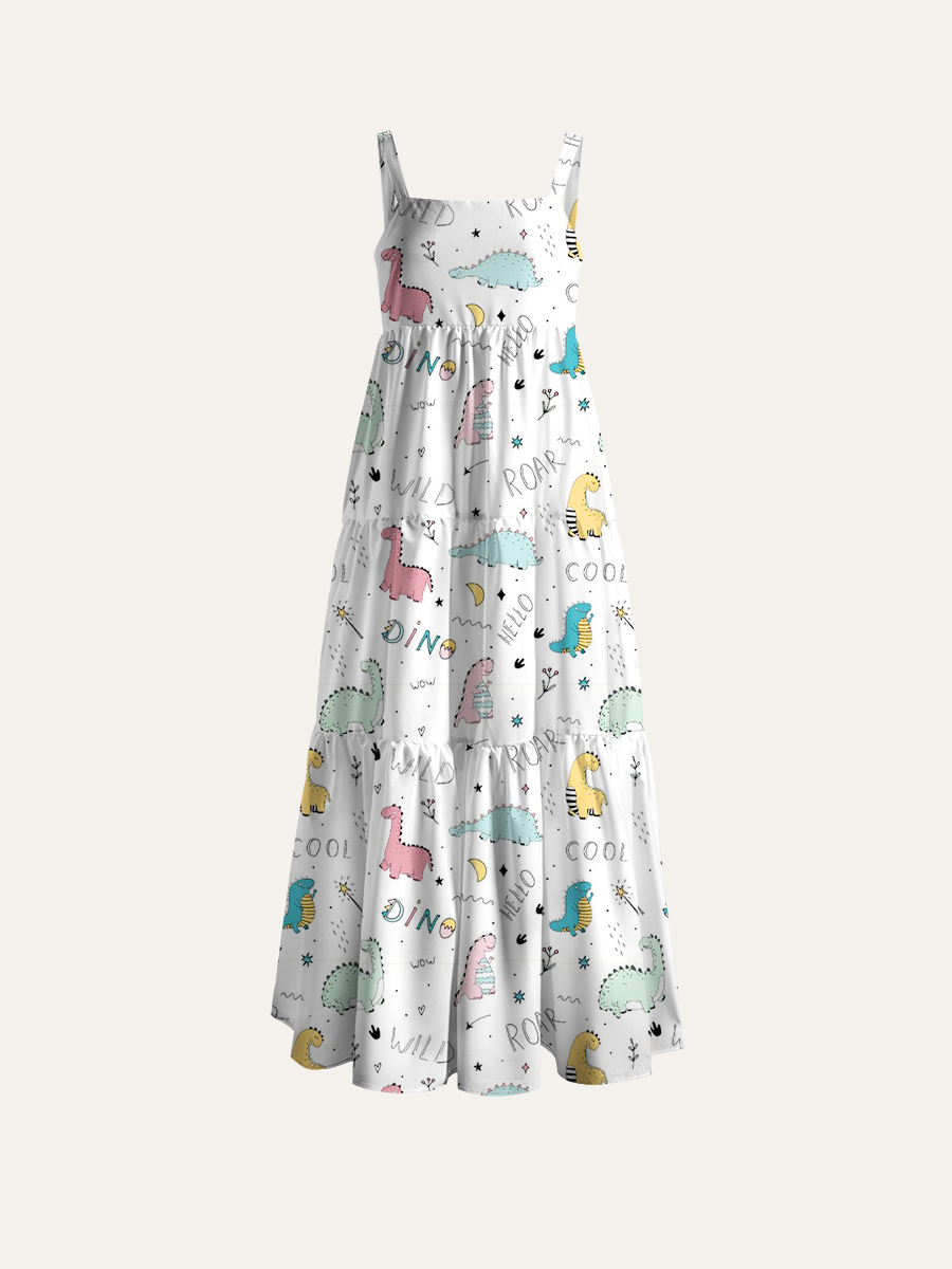 Hand-Drawn Dinosaur Adjustable Wide Straps Maxi Dress