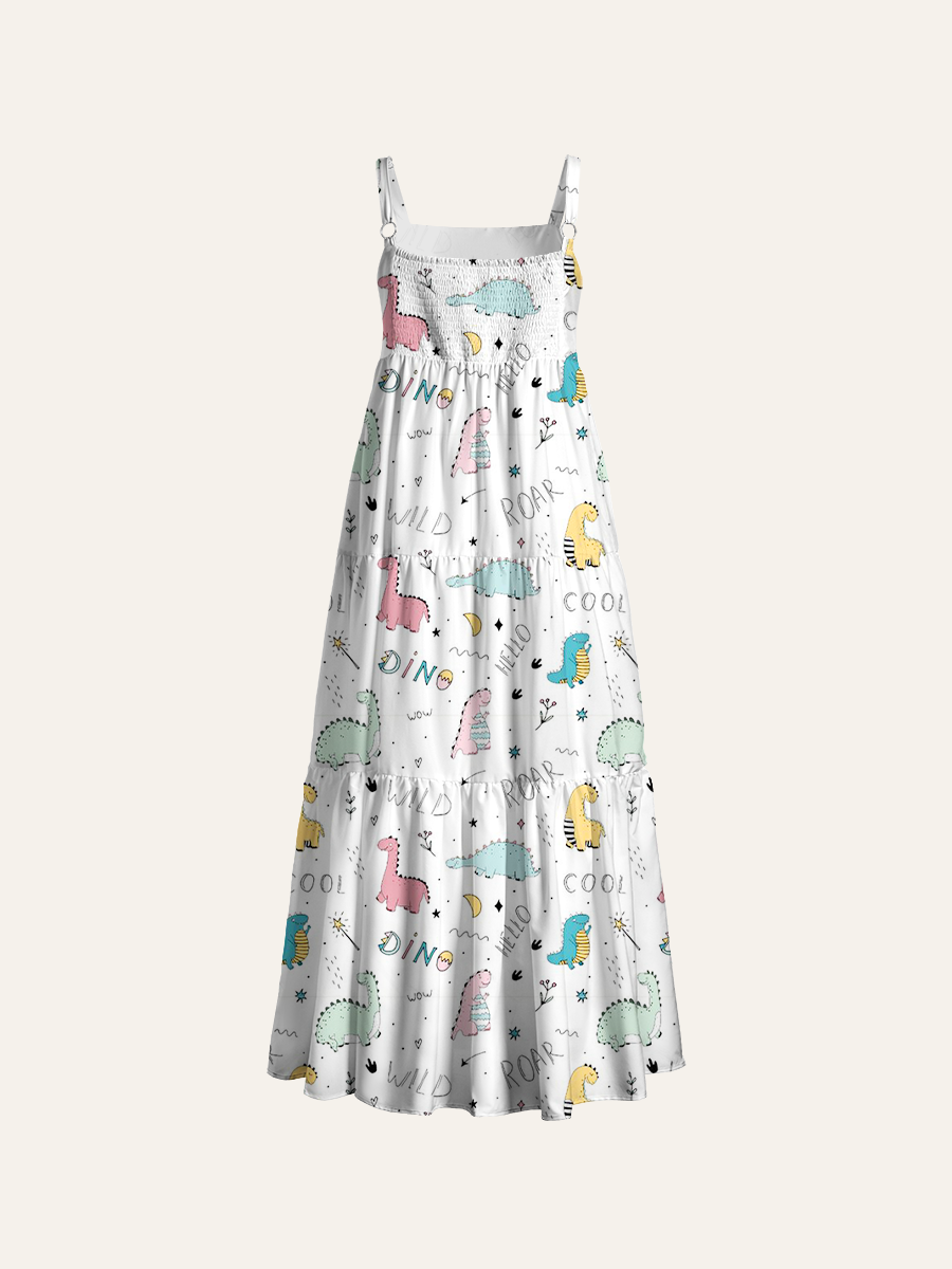 Hand-Drawn Dinosaur Adjustable Wide Straps Maxi Dress