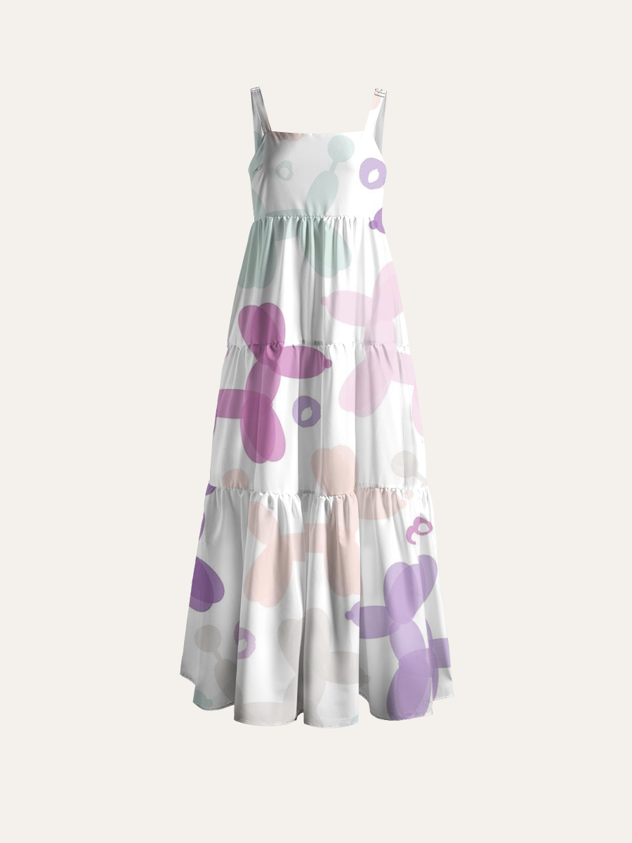 Watercolor Balloon Dog Adjustable Wide Straps Maxi Dress