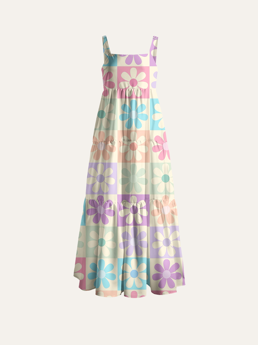 Checkered Daisy Adjustable Wide Straps Maxi Dress