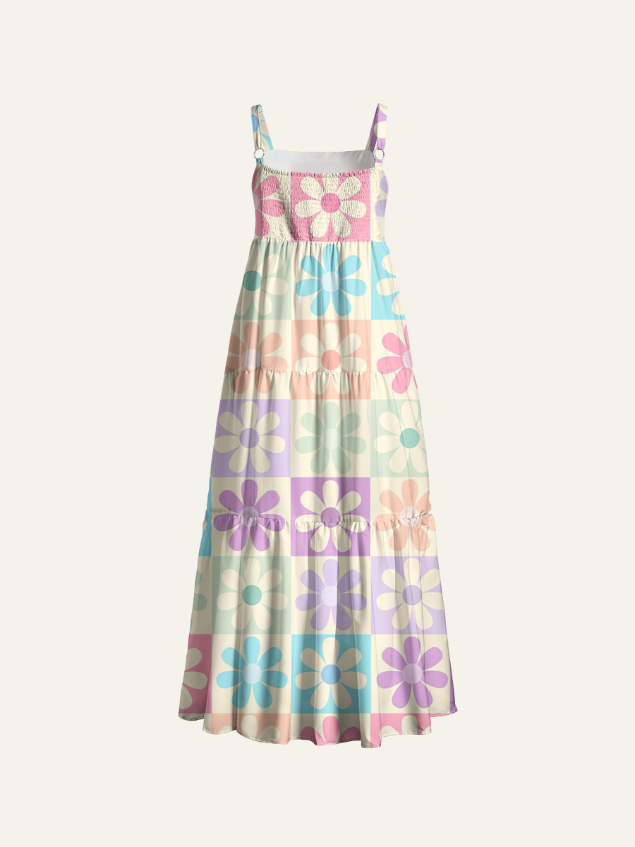 Checkered Daisy Adjustable Wide Straps Maxi Dress