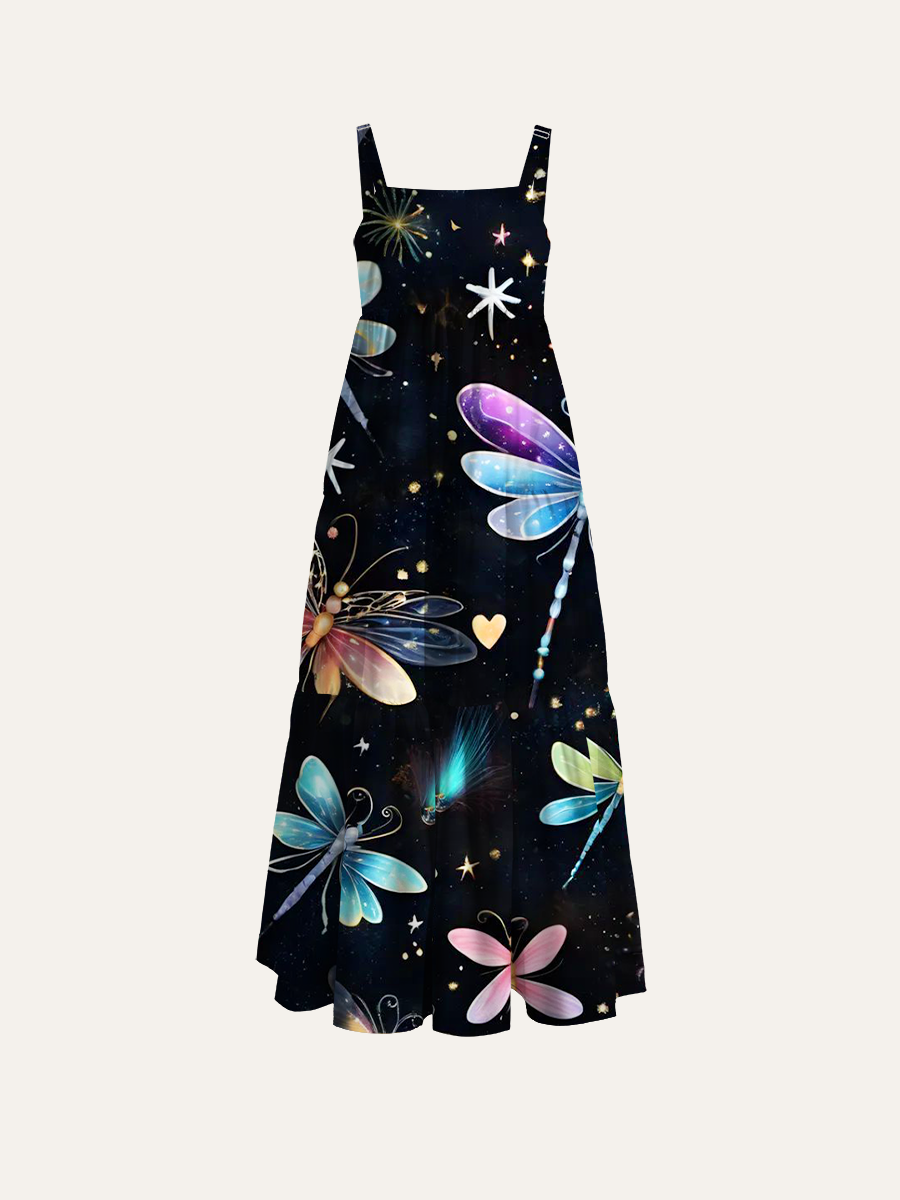 Magical Galaxy Dragonfly Adjustable Wide Straps Maxi Dress