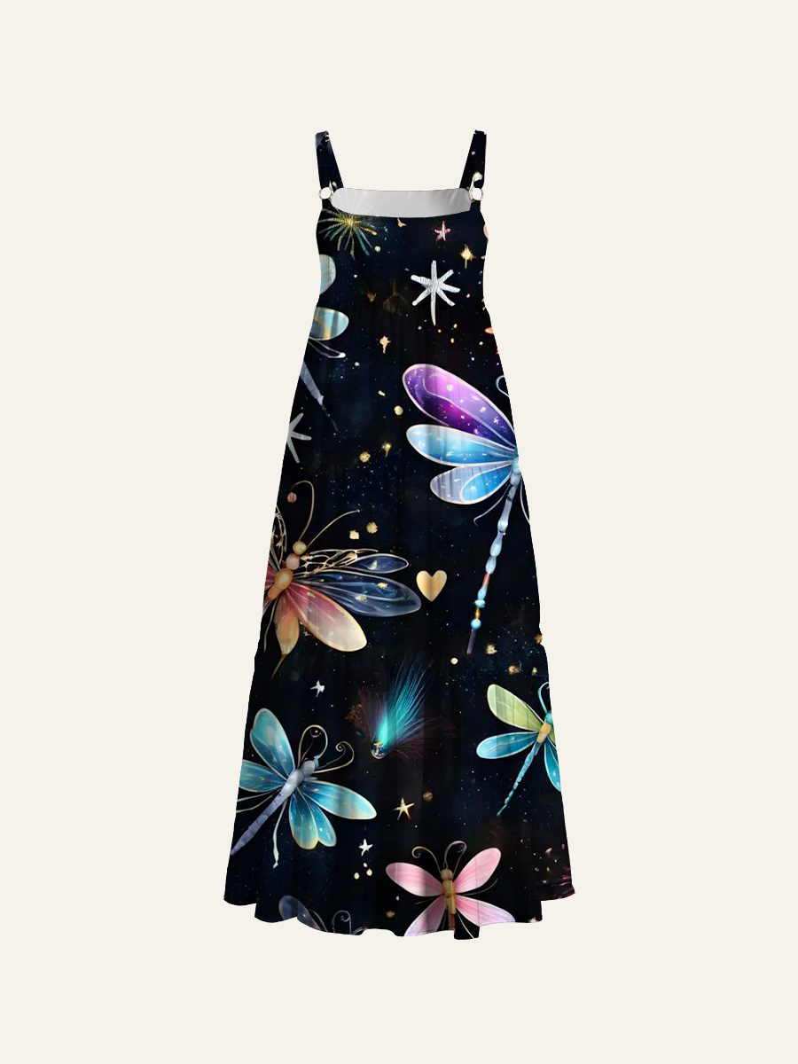 Magical Galaxy Dragonfly Adjustable Wide Straps Maxi Dress