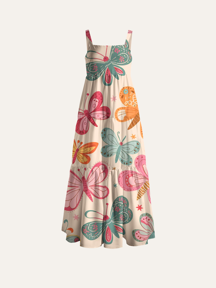 Retro Folk Art Butterfly Adjustable Wide Straps Maxi Dress