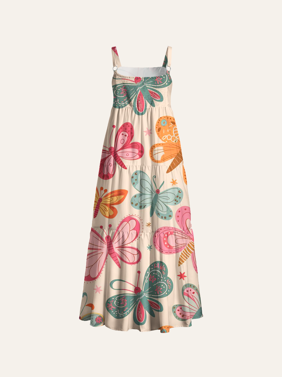 Retro Folk Art Butterfly Adjustable Wide Straps Maxi Dress