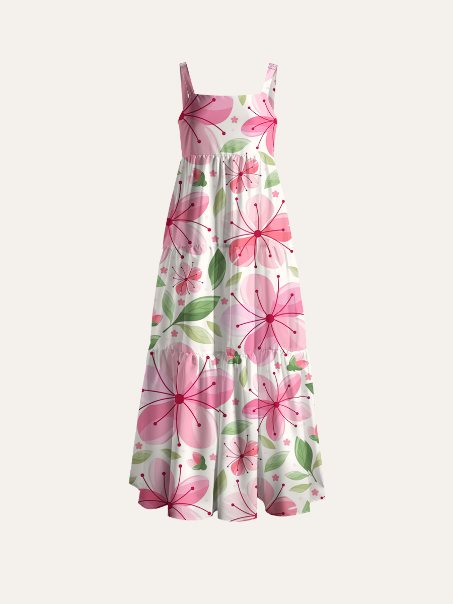Minimalist Cherry Blossom Adjustable Wide Straps Maxi Dress
