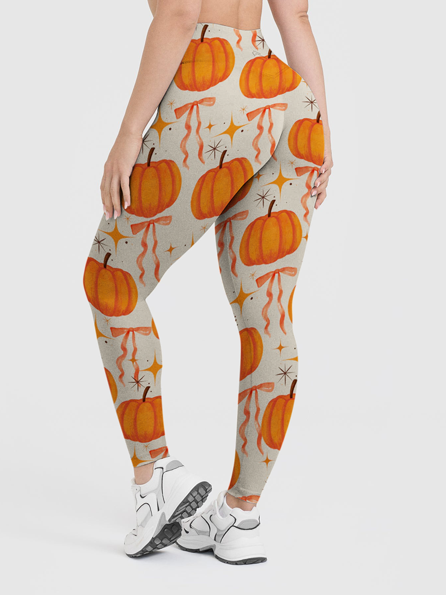 Vintage Watercolor Pumpkin Pink Bow Retro Star Leggings