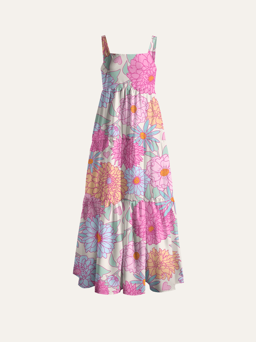Pastel Ditsy Dahlia Floral Adjustable Wide Straps Maxi Dress