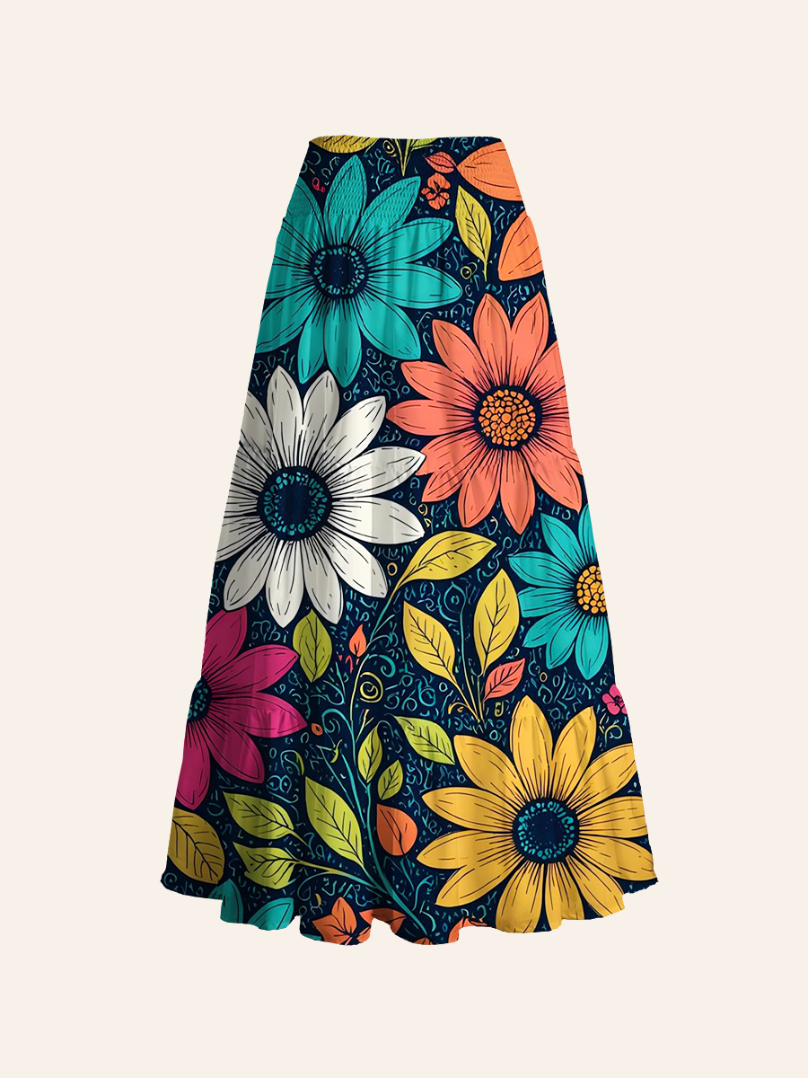 Boho Folk Art Daisy Convertible Maxi Skirts