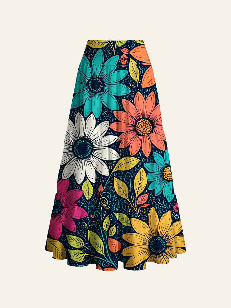 Boho Folk Art Daisy Convertible Maxi Skirts