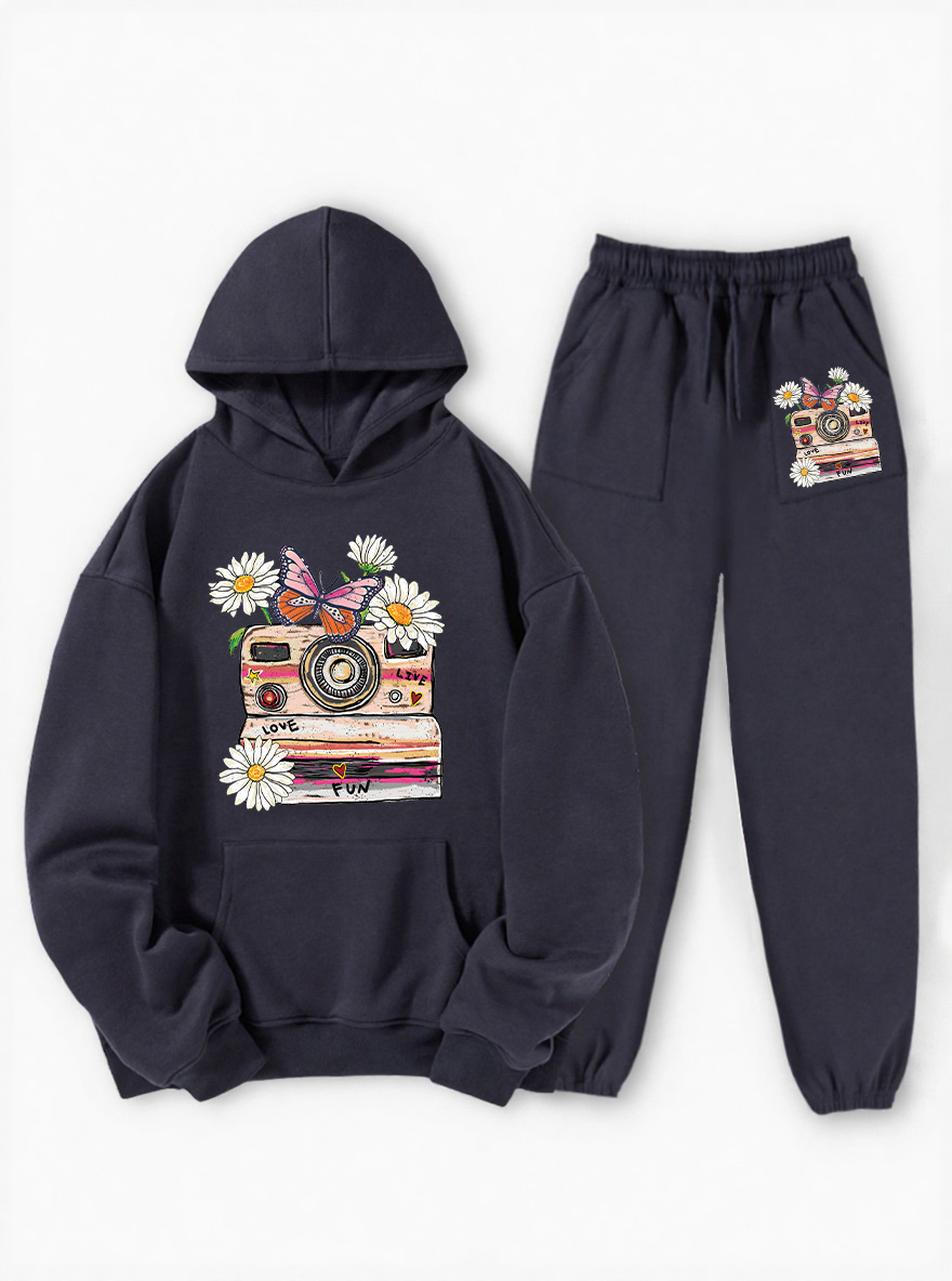 Vintage Flower Camera Fleece Hoodie Suit