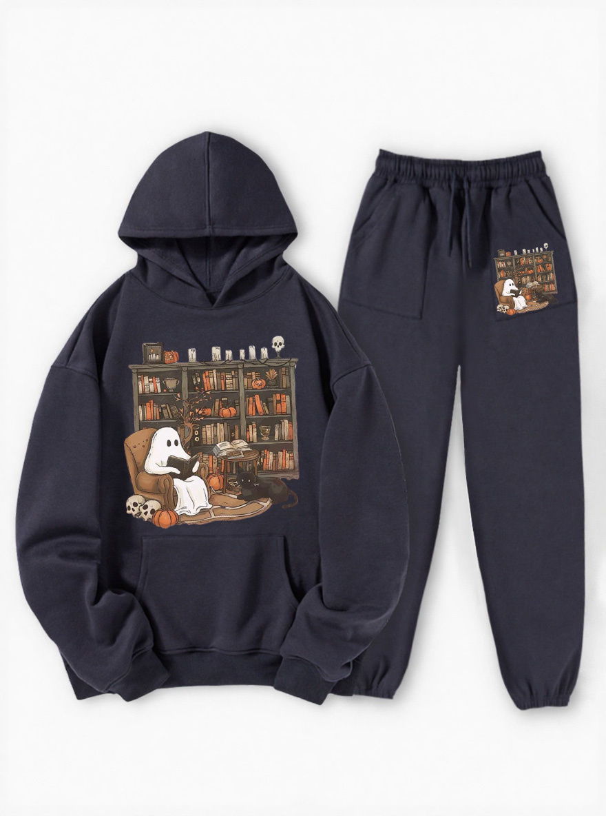 Vintage Ghost Reading Books Fleece Hoodie Suit
