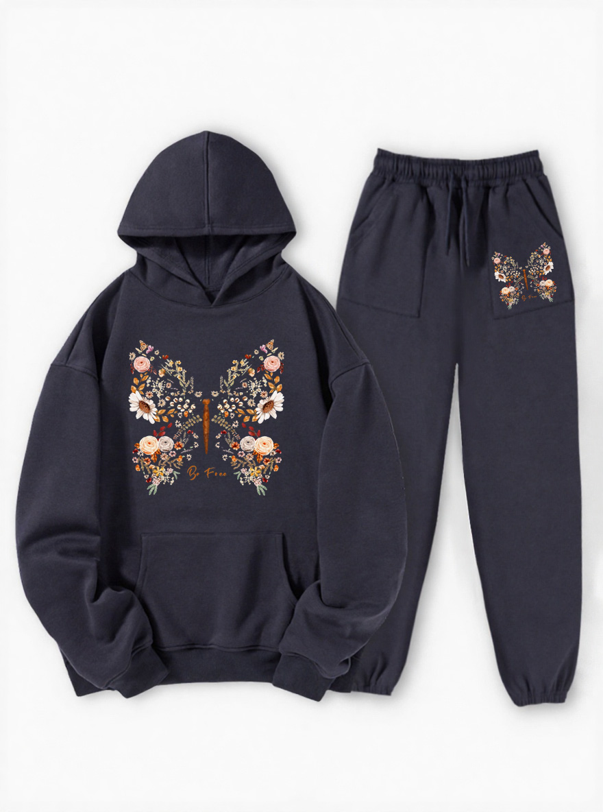 Vintage Butterfly Wildflower Fleece Hoodie Suit