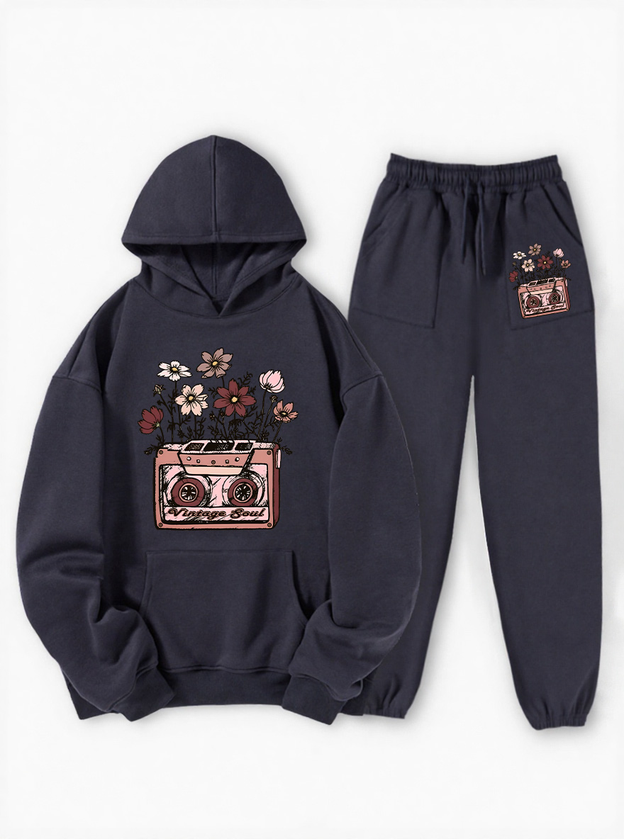 Vintage Cassette With Flowers Fleece Hoodie Suit