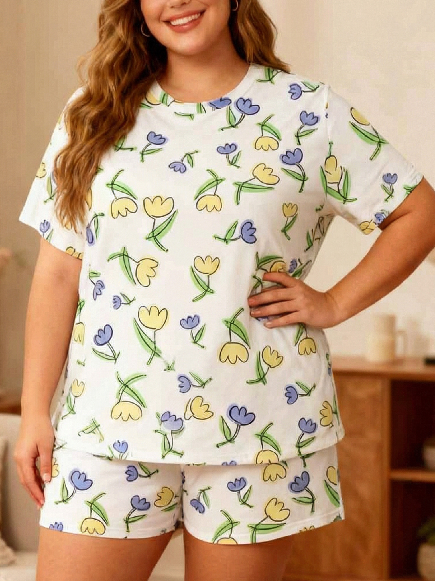 Vintage Yellow & Blue Flower Short Pajamas