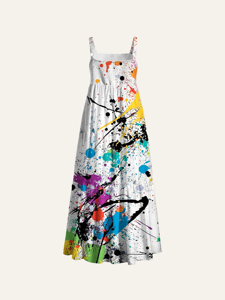Vibrant Paint Splatter Adjustable Wide Straps Maxi Dress