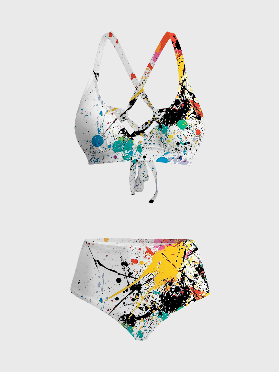 Vintage Vibrant Paint Splatter Two Piece Ruffled Tankini Swimsuit