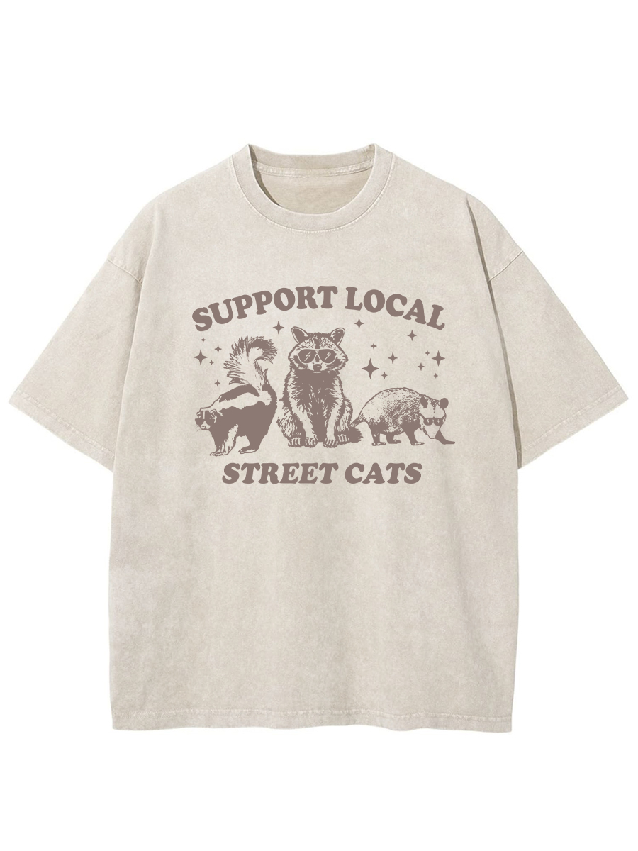 Vintage Support Local Street Cats Raccoon Washed T-Shirt