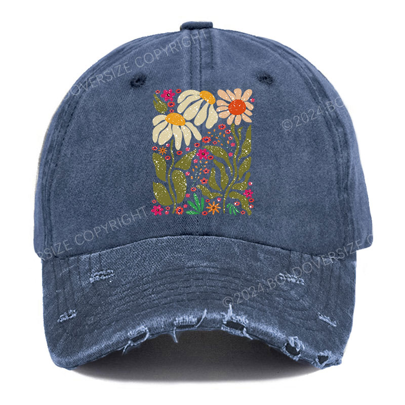 Vintage Hippie Flower Ripped Washed Cap