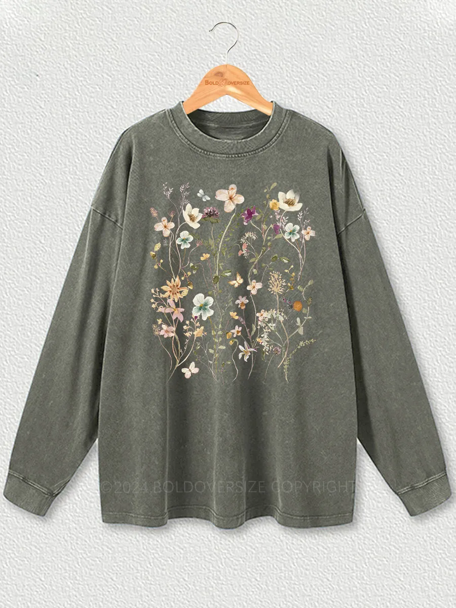 Vintage Boho Wildflowers Cottagecore Washed Long Sleeve Shirt