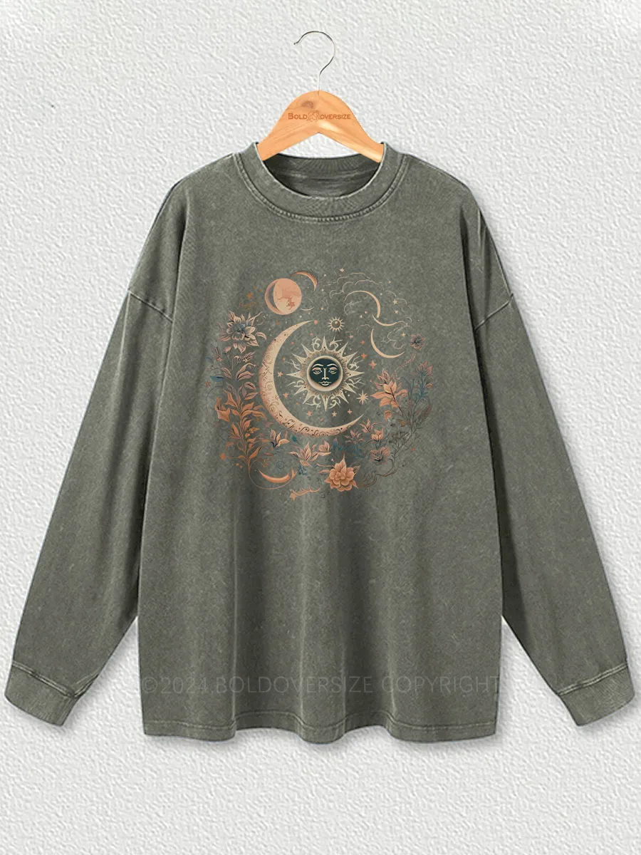 Vintage Mystic Moon And Sun Floral Washed Long Sleeve Shirt