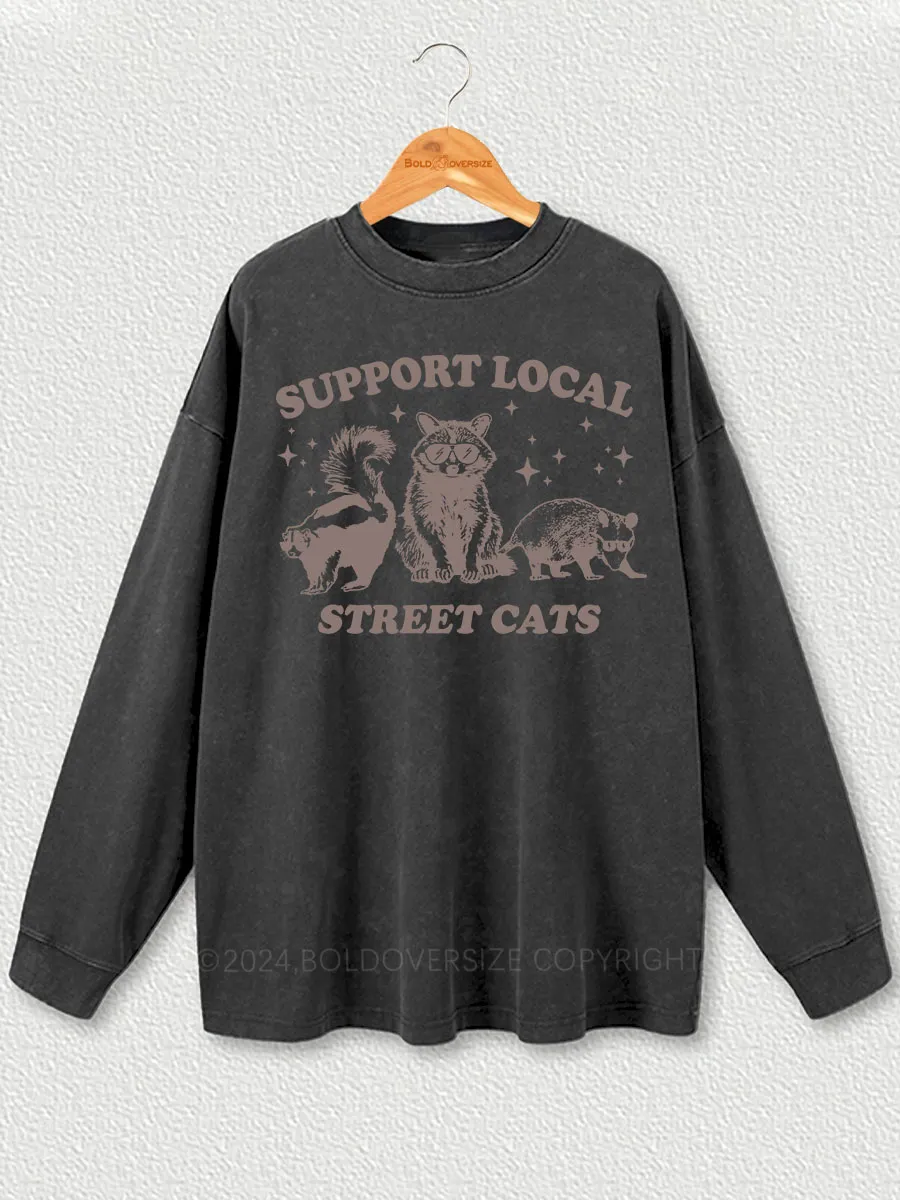 Vintage Support Local Street Cats Raccoon Washed Long Sleeve Shirt