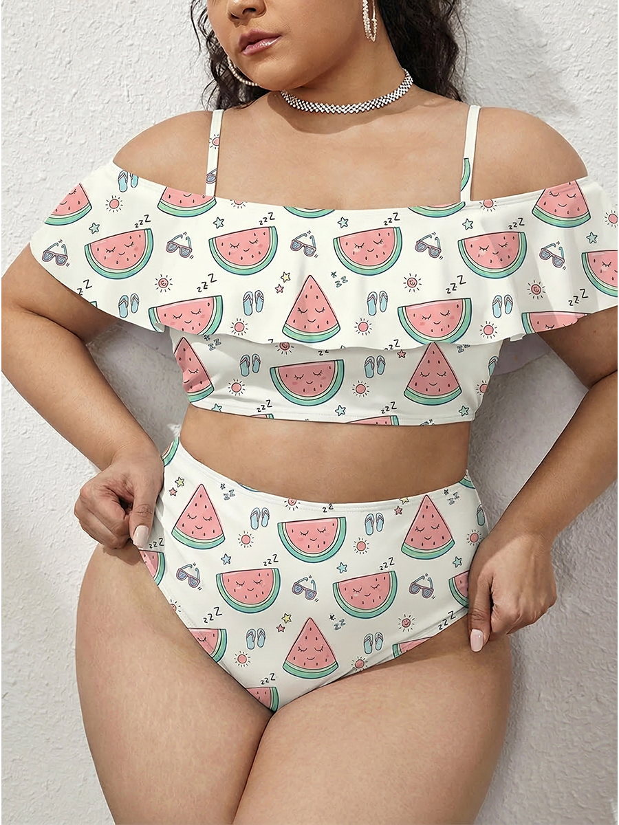 Vintage Sleepy Watermelon Slices Two Piece Ruffled Tankini Swimsuit