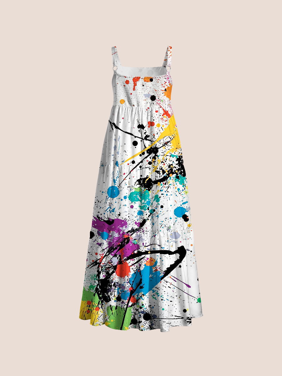 Vibrant Paint Splatter Adjustable Wide Straps Maxi Dress