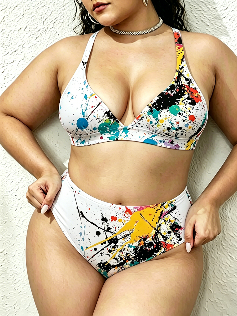 Vintage Vibrant Paint Splatter Two Piece Ruffled Tankini Swimsuit