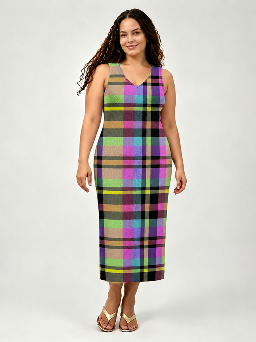 Pastel Neon Tartan Plaid Open Stitch Midi Dress