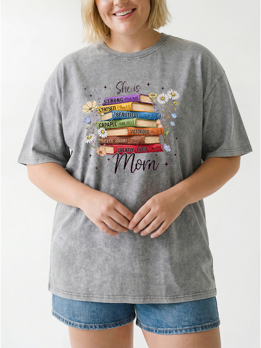 Vintage She Is Mom Floral Book Washed T-Shirt