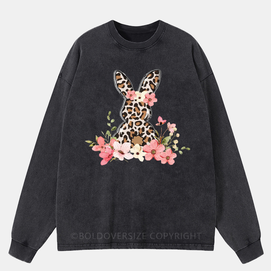 Vintage Floral Leopard Bunny Washed Long Sleeve Shirt