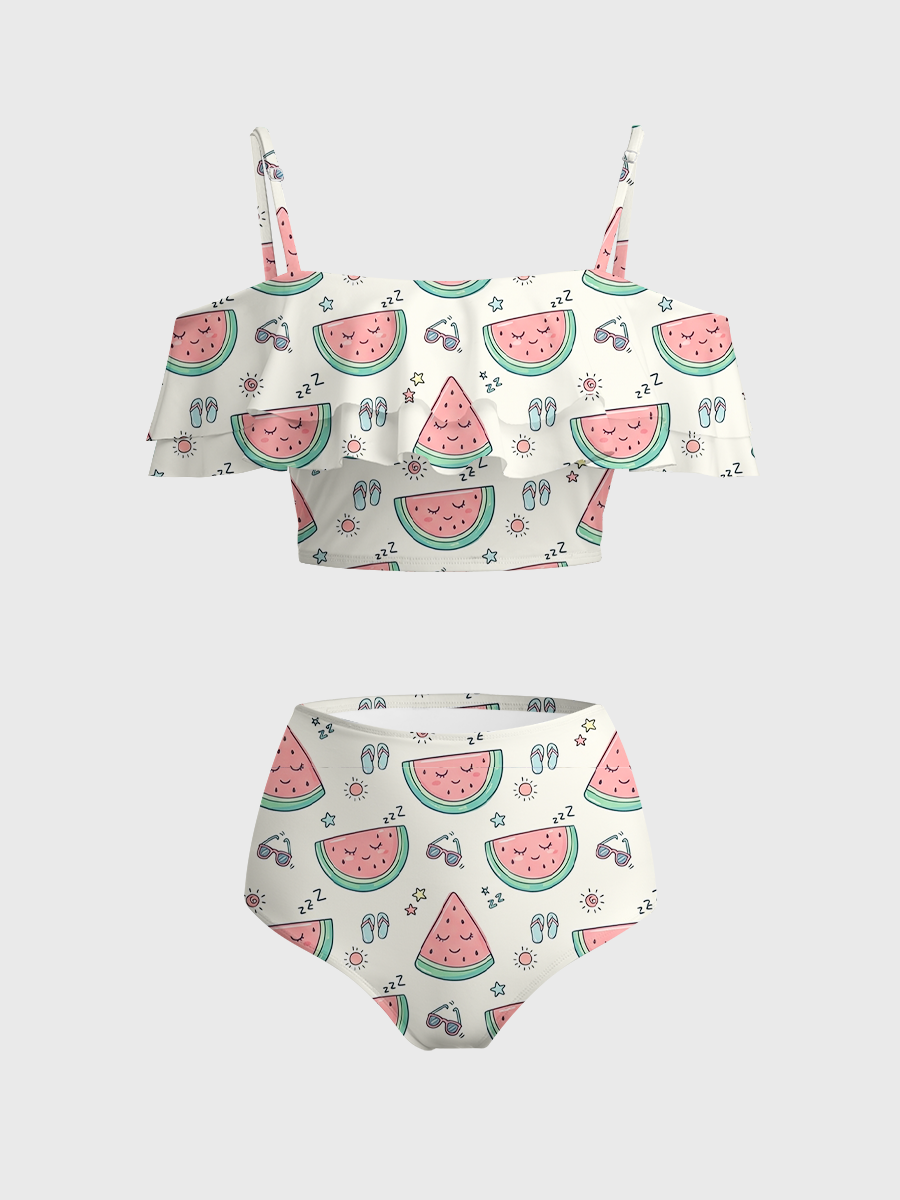 Vintage Sleepy Watermelon Slices Two Piece Ruffled Tankini Swimsuit