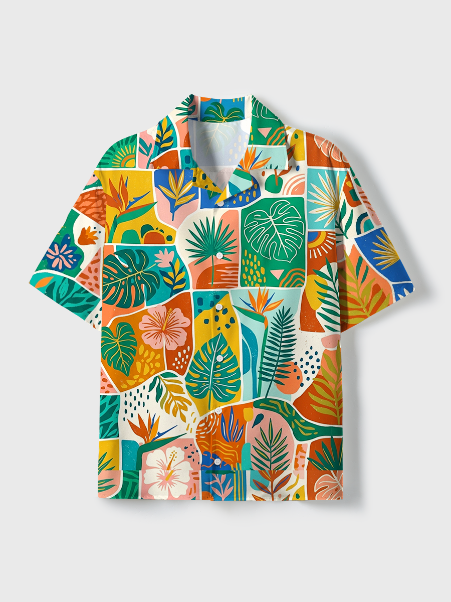 Abstract Tropical Leaves And Flowers Unisex Hawaiian Beach Set Camp Collar Shirt And Shorts For Casual Summer Vacation