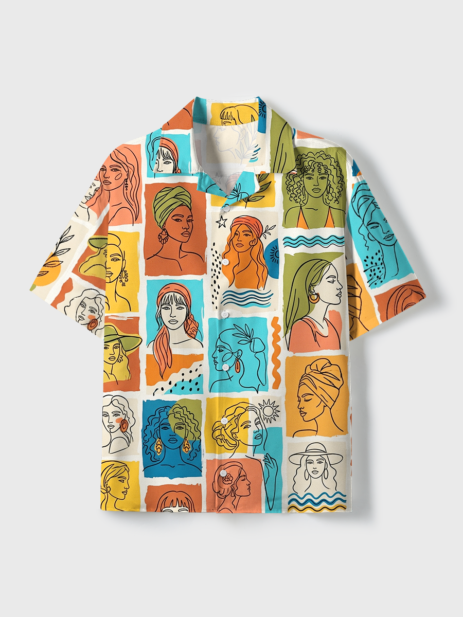 Abstract Line Art Women Portraits Unisex Hawaiian Beach Set Camp Collar Shirt And Shorts For Casual Summer Vacation