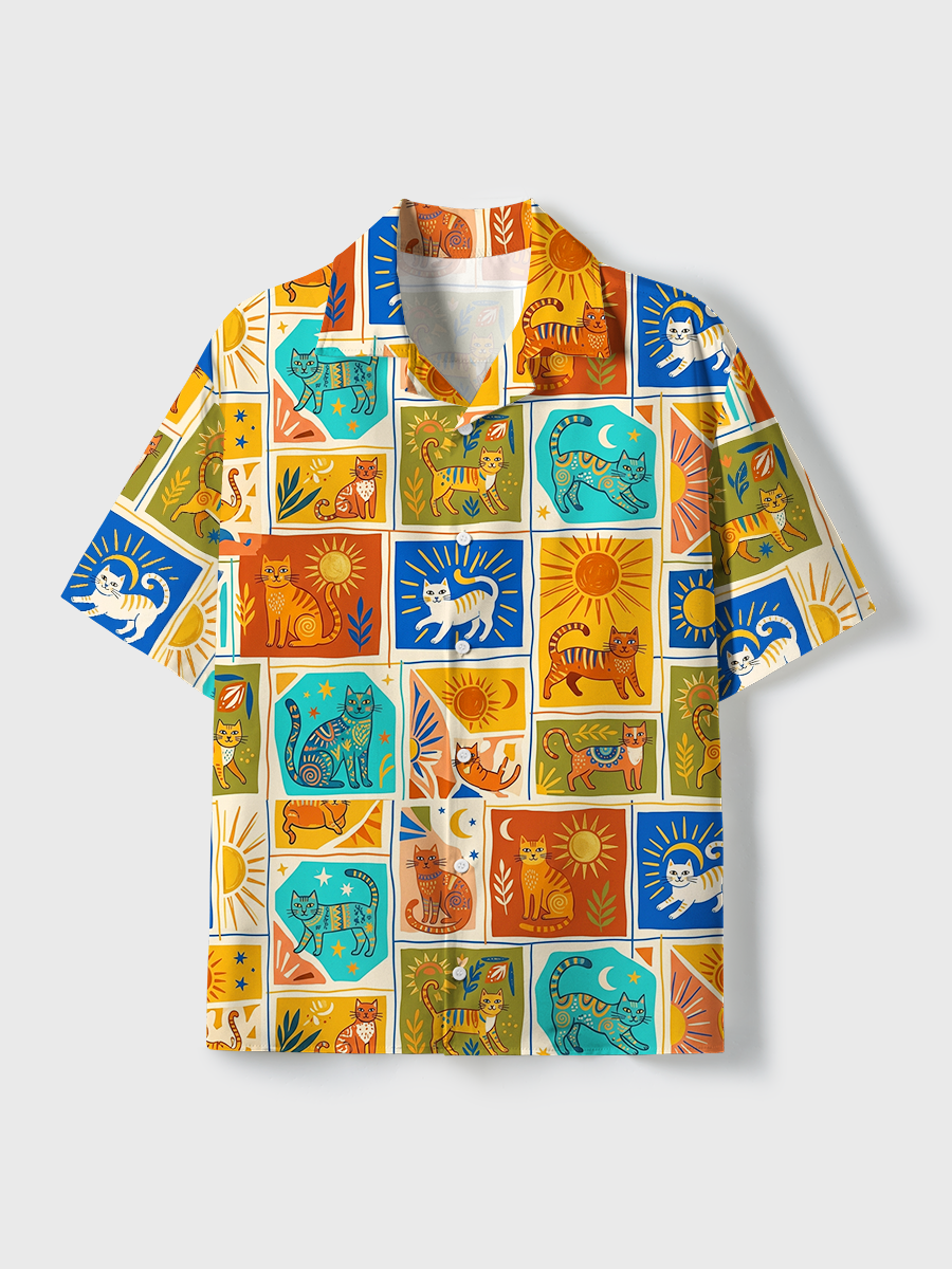 Abstract Cats And Sun Elements Unisex Hawaiian Beach Set Camp Collar Shirt And Shorts For Casual Summer Vacation