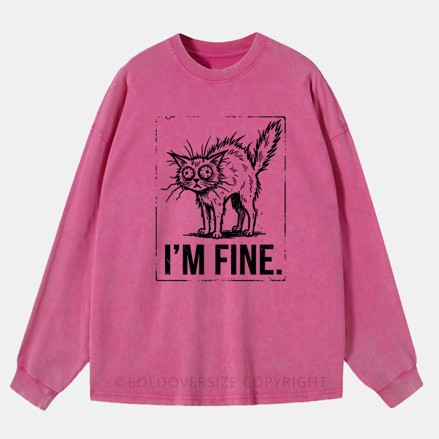 Vintage I'M Fine  Chaotic Cat Washed Long Sleeve Shirt