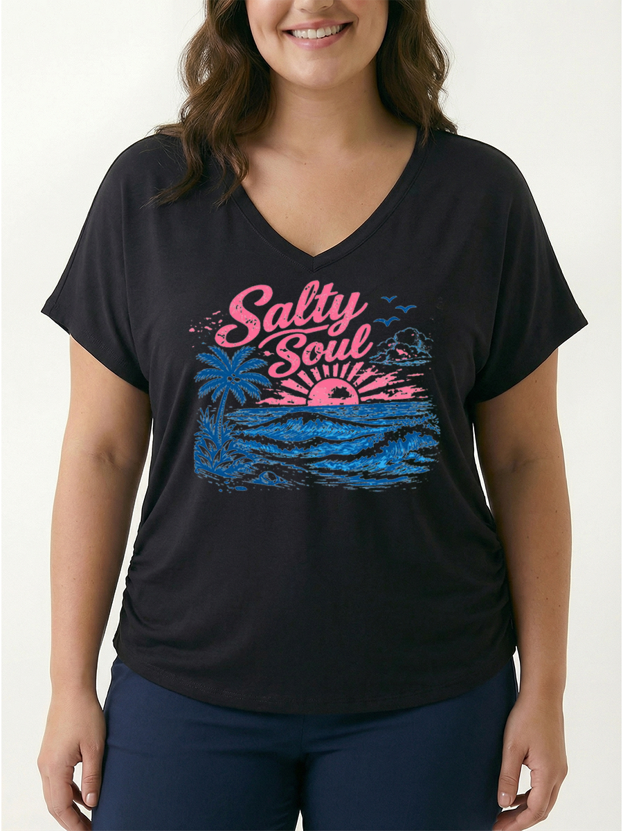 Vintage Salty Soul Summer V-neck Modal Batwing Sleeve Graphic T-Shirt