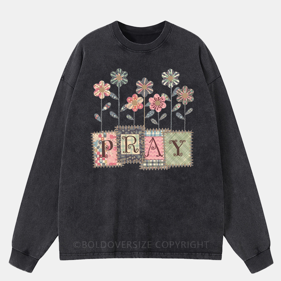 Vintage Floral Pray Christian Washed Long Sleeve Shirt