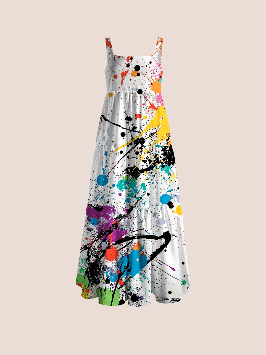 Vibrant Paint Splatter Adjustable Wide Straps Maxi Dress