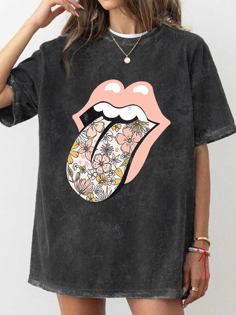 Vintage Floral Tongues Out Washed T-Shirt