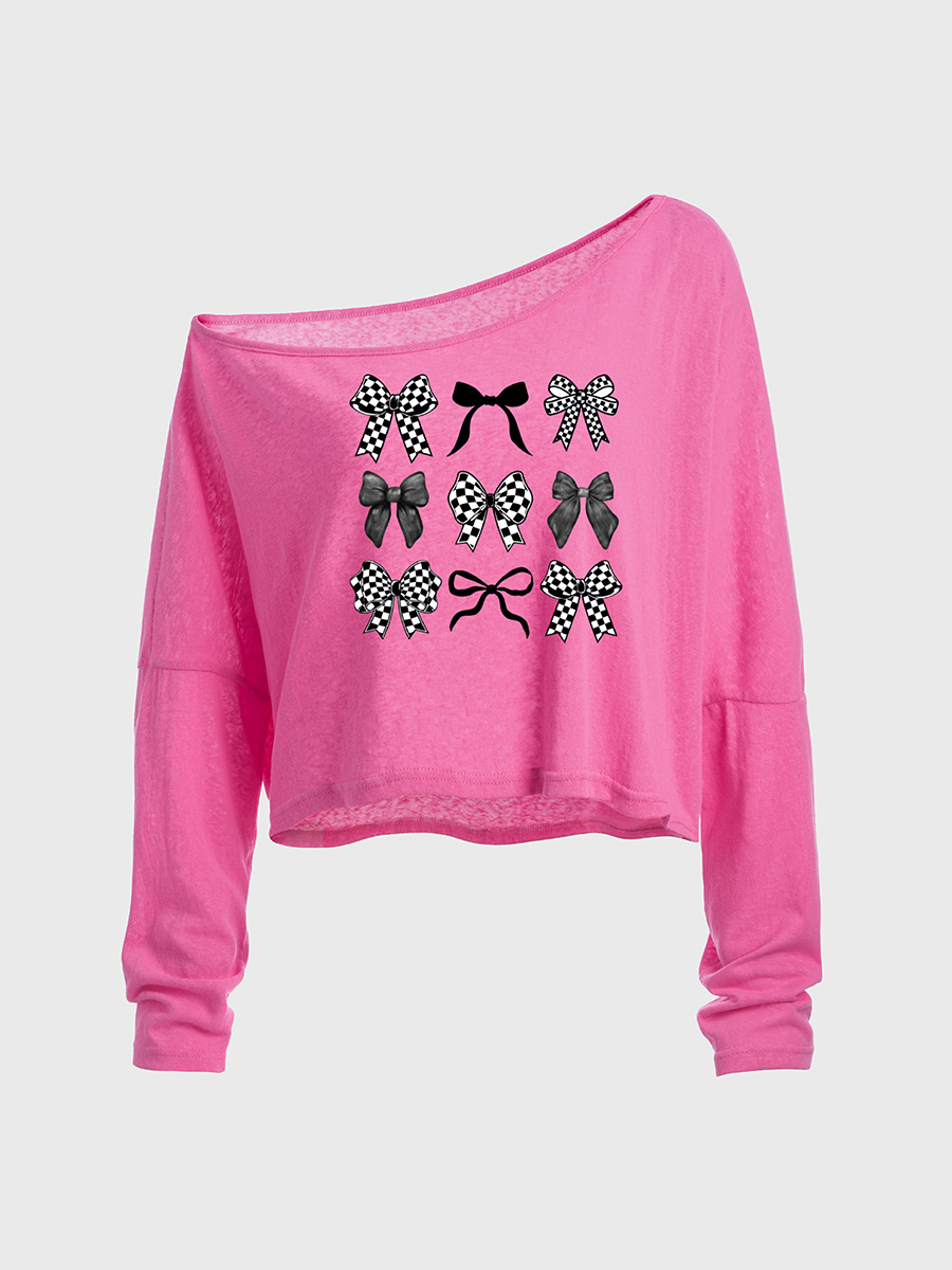 Checkered Bow Off The Shoulder Sweatshirt