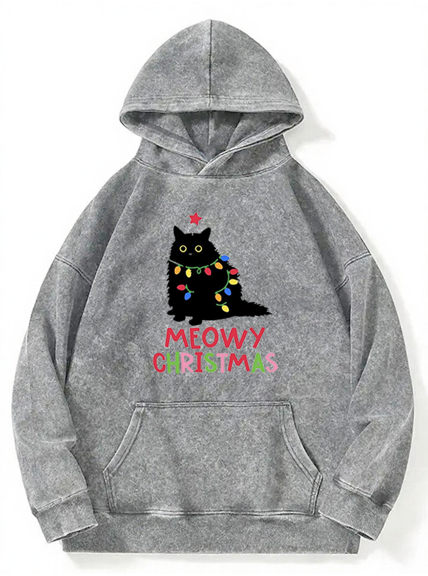 Vintage Meowy Christmas Black Cat Washed Hoodie
