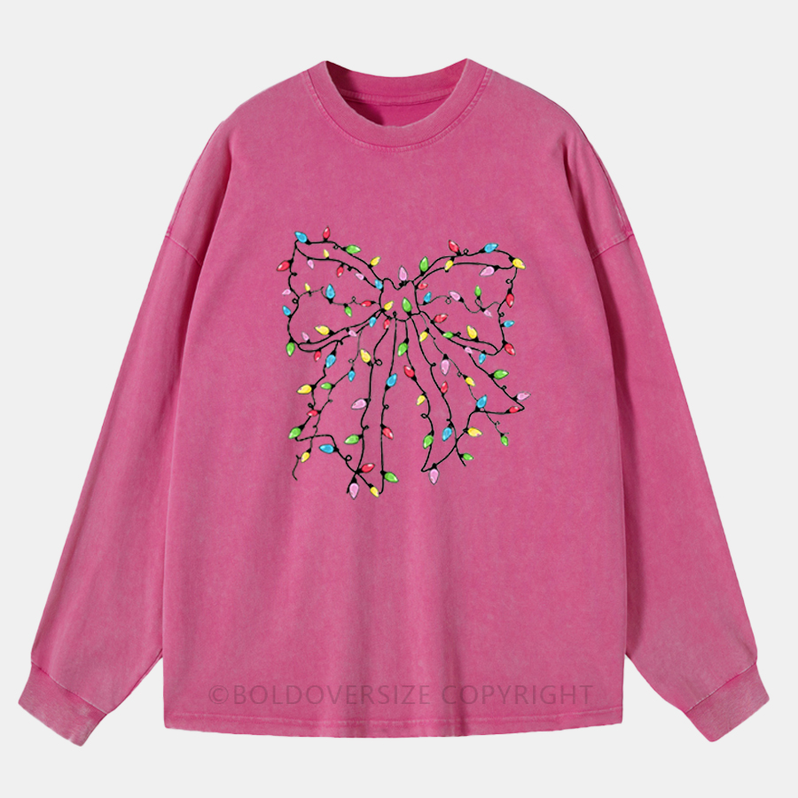 Vintage Christmas Lights Coquette Bow Washed Long Sleeve Shirt