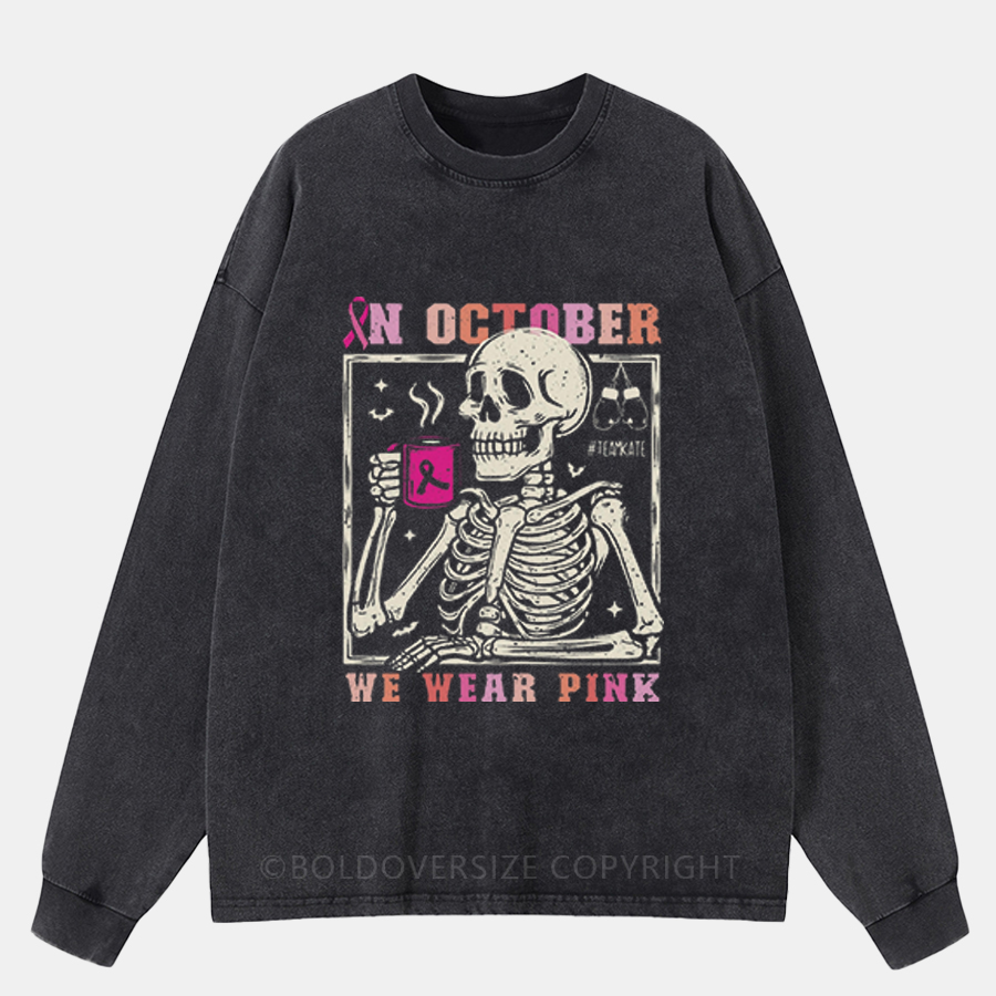 Vintage Funny Skeleton Breast Cancer Awareness Washed Long Sleeve Shirt