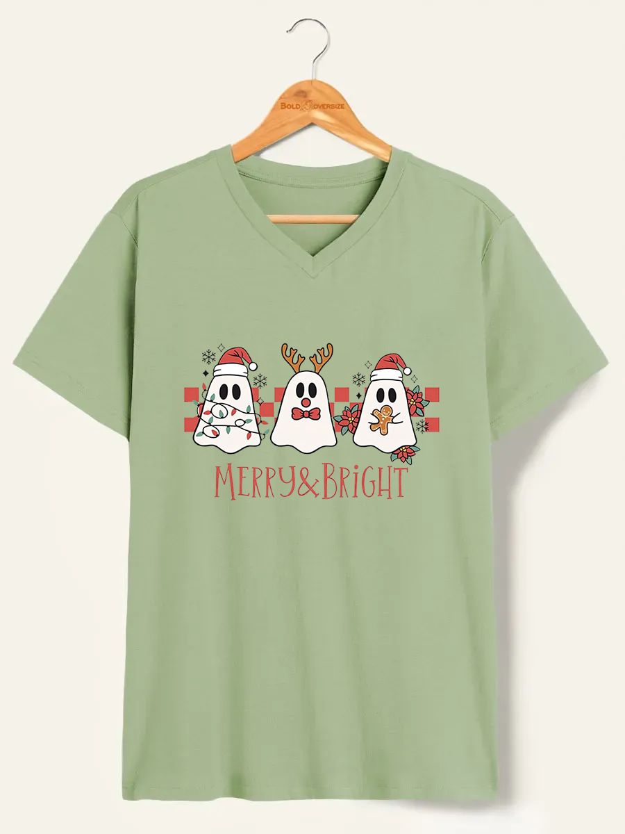 Vintage Merry Christmas Cute Ghost V-Neck Tee 