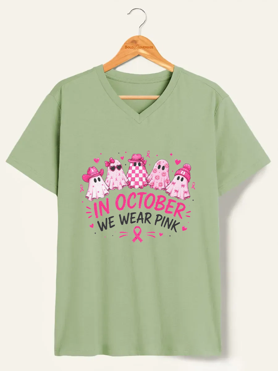 Vintage Boho Floral Breast Cancer Awareness V-Neck Tee 